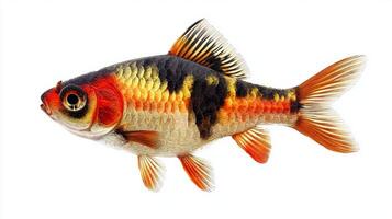 vibrant Tiger Barb swims elegantly in clear water showcasing its distinctive coloration and patterns against a bright white backdrop emphasizing its beauty. photo