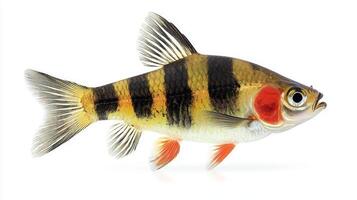 lively Tiger Barb swims gracefully displaying its striking black and orange stripes. The clear white background highlights this colorful freshwater fish in its natural beauty. photo