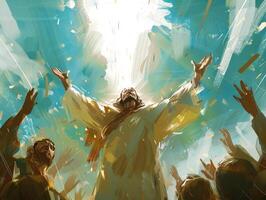 Jesus Christ ascends to the heavens, surrounded by disciples, radiating light and divine glory, capturing a moment of transformation and faith. photo