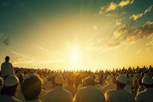 A crowd gazes upward in awe as Jesus Christ ascends towards the heavens, illuminated by the golden glow of dawn. photo