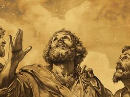 Disciples gaze upwards in wonder as Jesus ascends into the heavens, surrounded by a radiant aura against a cosmic backdrop. photo