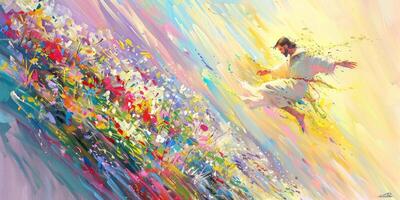 Jesus Christ ascends amid a burst of colors and blossoms, symbolizing hope and renewal in a celestial landscape. photo