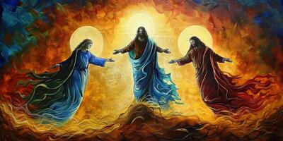Jesus Christ ascends amidst glowing orbs as heavenly figures extend their hands, enveloped in a radiant, fiery sky. photo