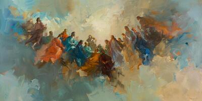 Jesus Christ ascends to the heavens, embraced by clouds, as his devoted disciples gather in awe and reverence witnessing the miraculous event. photo