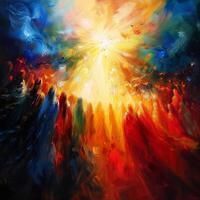 A radiant light ascends as Jesus Christ rises, enveloped by faithful followers in awe, immersed in a vibrant atmosphere of hope and spiritual elevation. photo