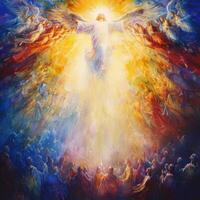 Heavenly light envelops Jesus as he ascends, surrounded by angels and awed disciples witnessing this divine event. photo