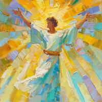 Jesus Christ rises majestically, arms outstretched to the heavens, enveloped in brilliant rays of light, symbolizing his ascension and the promise of eternal life. photo