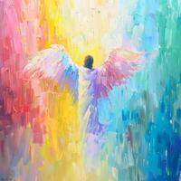 Jesus Christ ascends amidst a vibrant explosion of color, embodying the hope and joy of the resurrection as he reaches for the heavens. photo