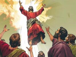 Jesus Christ rises into the heavens, surrounded by brilliance, as his disciples gaze in awe during this transformative moment in history. photo