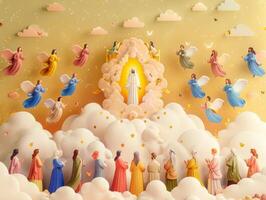 Heavenly clouds envelop Jesus as he ascends, flanked by angels and onlookers, radiating divine glory and tranquility. photo