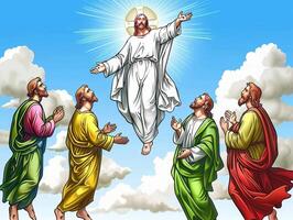 Jesus Christ ascends into the heavens while his disciples look up in wonder, surrounded by clouds and a bright sky filled with light. photo
