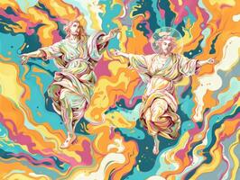 Jesus Christ ascends to the heavens, surrounded by dynamic colors and swirling patterns, symbolizing spiritual elevation and divine glory. photo