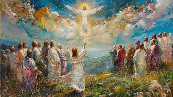 A radiant Jesus Christ rises toward heaven amidst a crowd of disciples and angels, bathed in celestial light, celebrating a moment of divine glory. photo