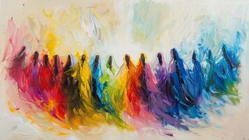 Jesus Christ ascends into the heavens, accompanied by a vibrant assembly of figures celebrating this holy event in a colorful celestial setting. photo