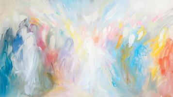 Jesus Christ ascends amidst a radiant light, while a multitude gazes in awe, capturing the moment of divine transition and spiritual elevation. photo