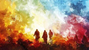 Jesus ascends to the heavens, surrounded by radiant colors that blend harmoniously, signifying the divine presence and miraculous event. photo