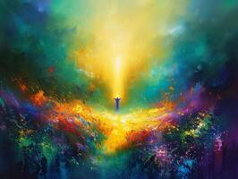 A vibrant portrayal of Jesus Christ ascending into the heavens, surrounded by brilliant colors and a sense of divine energy illuminating the scene. photo