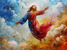 Jesus Christ gracefully ascends into the heavens, surrounded by a dramatic sky painted in vivid hues, embodying hope and divine purpose. photo