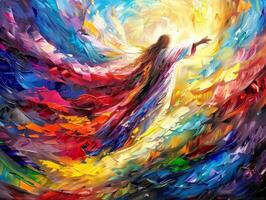 Jesus Christ gracefully ascends into the heavens, enveloped in a swirl of vivid colors, symbolizing a moment of divine transcendence and hope. photo