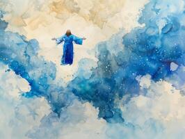 Jesus Christ ascends into the heavens, surrounded by a vibrant blue sky and billowing clouds, capturing the majesty of the moment. photo