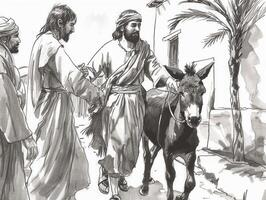 significant moment unfolds Jesus rides a donkey into Jerusalem surrounded by followers and onlookers marking the beginning of the final week of His earthly ministry. photo