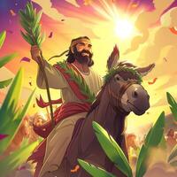 In a joyous moment Jesus rides a donkey into Jerusalem surrounded by palm branches and cheering crowds celebrating the arrival during Passover. photo