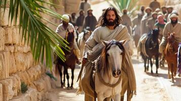 Jesus rides into Jerusalem on a horse accompanied by a diverse group of followers. The atmosphere is lively with spectators gathering in the sunlit street. photo