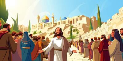 crowd gathers in Jerusalem as Jesus rides in triumph celebrating his arrival. People wave palm branches expressing joy and reverence during this significant event. photo