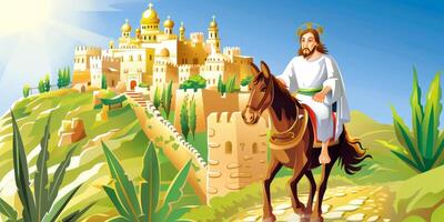 During the festival Jesus rides a donkey towards Jerusalem with golden domes reflecting sunlight and palm trees framing the path. A historic moment celebrated by many. photo