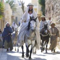 joyful procession takes place as Jesus enters Jerusalem on a donkey greeted by enthusiastic followers holding palm branches amidst an ancient urban backdrop. photo