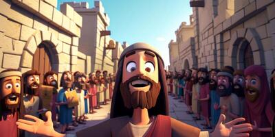 jubilant crowd gathers in Jerusalem as Jesus enters the city. People wave palms and express their joy celebrating the moment during the Passover festival. photo