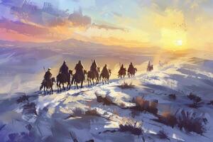In a jubilant atmosphere Jesus rides into Jerusalem on a donkey surrounded by followers. The sun sets in the distance casting warm colors over the landscape symbolizing hope. photo