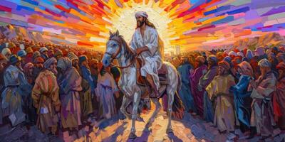 depiction Jesus riding white horse into Jerusalem as a large enthusiastic crowd gathers around him celebrating the arrival amidst vibrant colors and expressions of joy. photo