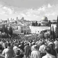large crowd is gathered in Jerusalem witnessing the transformative moment of Jesus entering the city amid historical architecture and a lively atmosphere. photo