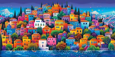 artwork showcases lively portrayal Jesus entering Jerusalem surrounded by colorful houses and joyful crowds along the hills capturing the festive ambiance of the moment. photo
