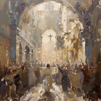 multitude gathers in a grand city as Jesus approaches arms raised in a gesture of blessing. The atmosphere is vibrant with joy echoing faith and admiration. photo