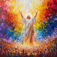 joyful crowd gathers to welcome Jesus into Jerusalem celebrating his arrival with raised hands and excitement. The atmosphere is filled with vibrant colors symbolizing hope and triumph. photo