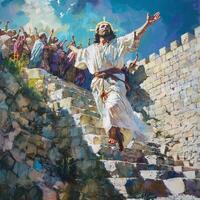 Jesus approaches Jerusalem wearing a flowing robe as enthusiastic crowds gather to celebrate his arrival waving palm branches in a joyful atmosphere. photo