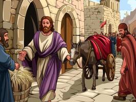 Crowds gather as Jesus approaches Jerusalem riding a donkey symbolizing peace while he greets the people with outstretched hands during the Passover. photo