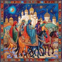 vibrant procession showcases Jesus entering Jerusalem accompanied disciples on horseback surrounded by colorful buildings and a night sky filled with stars symbolizing the significant event. photo