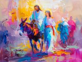 Jesus rides into Jerusalem on a donkey accompanied by followers celebrating his arrival. The scene is filled with colors capturing the joyous atmosphere of the moment. photo