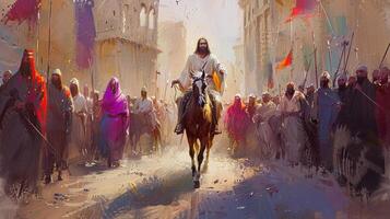 vibrant procession unfolds as Jesus rides on a donkey into Jerusalem welcomed by joyful crowds waving palm branches. The atmosphere is festive marking a significant moment in history. photo