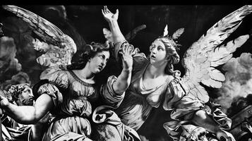 David and Bathsheba are depicted with angels in a moment filled with emotion and divine influence surrounded by dark dramatic clouds that enhance the scenes intensity. photo