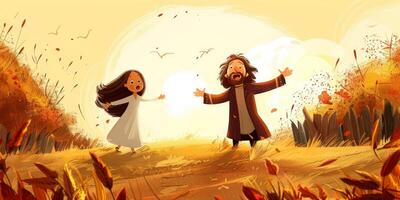 In a warm autumn setting David and Bathsheba joyfully greet each other surrounded by golden foliage and gentle sunlight illuminating their shared moment of affection. photo