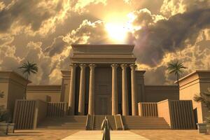 In ancient Jerusalem sun sets over grand temple David approaches Bathsheba with mix desire and conflict highlighting their complex relationship amidst beauty of the moment. photo