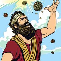 brave figure known as David confidently aims his slingshot launching stones at the formidable giant Goliath. The sun shines brightly in the background. photo