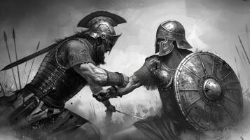 In a dramatic confrontation David a young warrior engages Goliath a giant showcasing courage and determination in a historic biblical setting. photo