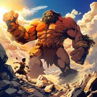 young David stands bravely before the towering Goliath challenging the giant amid a rugged landscape and dynamic clouds during a crucial moment in biblical history. photo