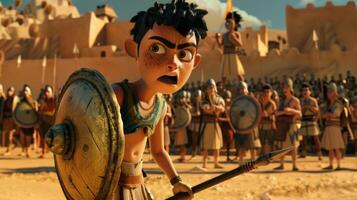 In a tense encounter young David faces the towering Goliath with determination surrounded by a gathering of warriors ready for battle in ancient history. photo