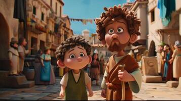 In a vibrant village filled with townspeople David and Goliath engage in conversation showcasing their unique personalities against an ancient backdrop setting the stage for an epic story. photo